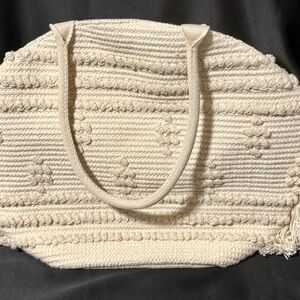 Shade & Shore Cream Embroidered Woven Large Beach Tote Bag